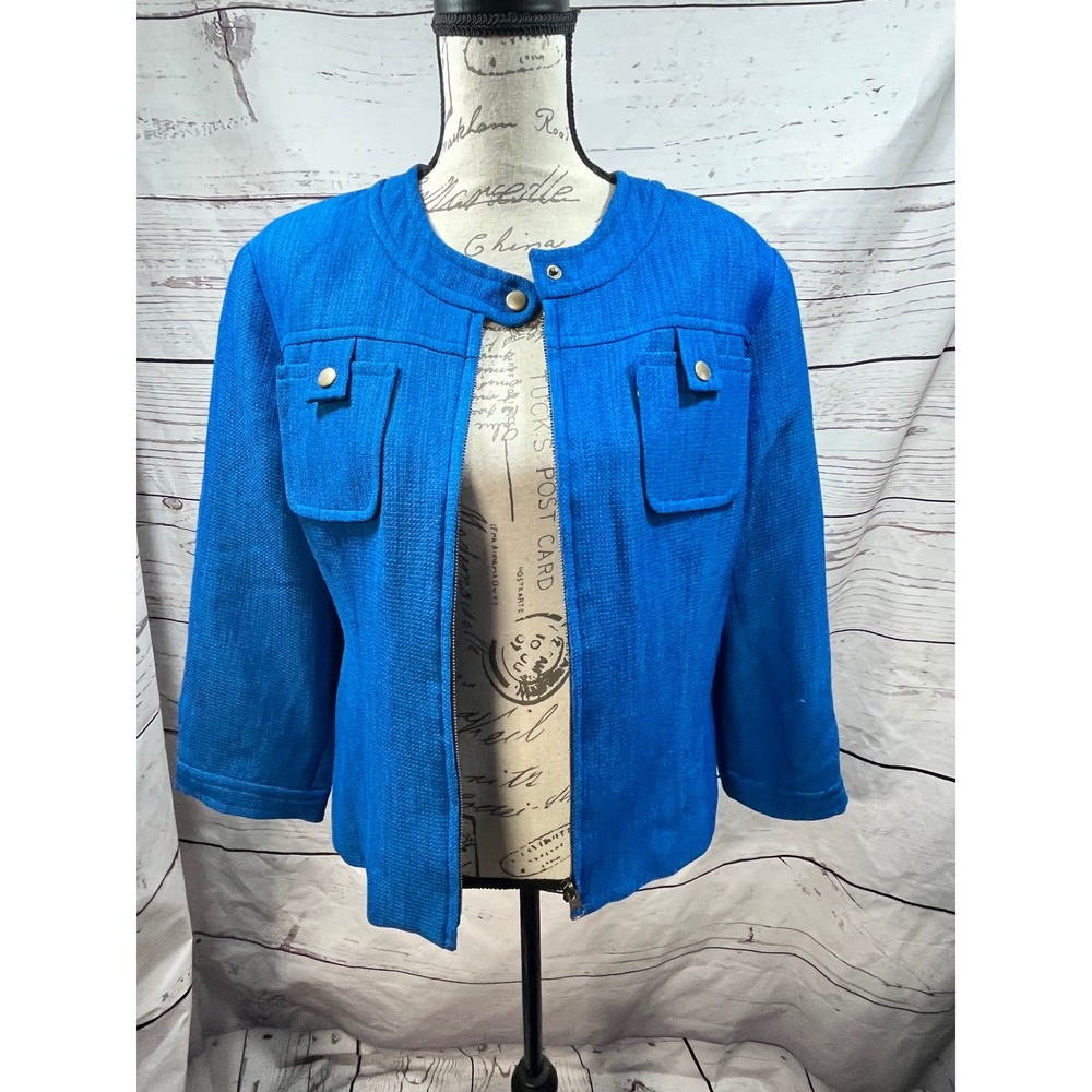 Anthracite Womens Cobalt Blue Textured‎ Zip Front Jacket Polka Dot Lining L